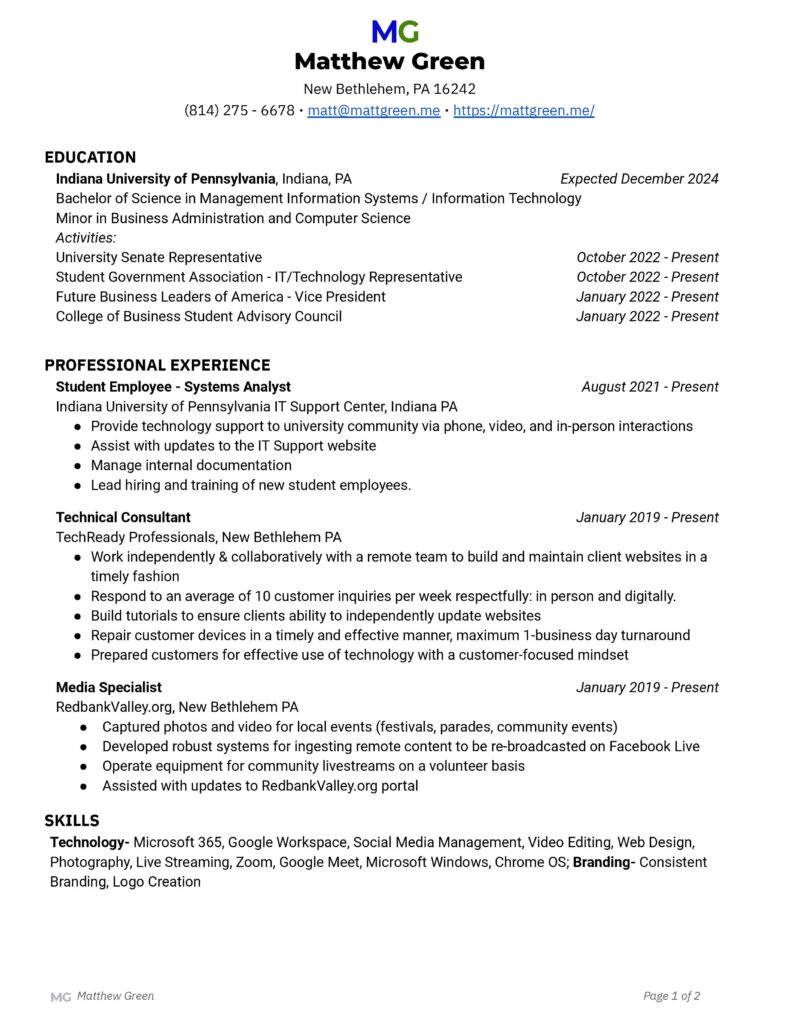 First page of Matt Green's resume